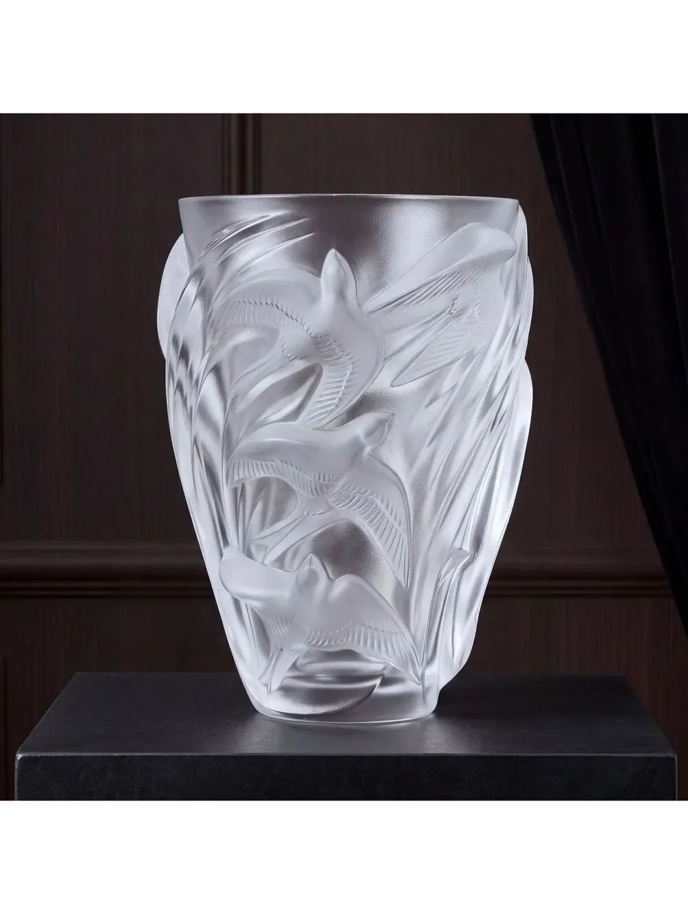 Vintage Large Lalique Martinets Large Frosted Crystal Swallows Vase France - 10